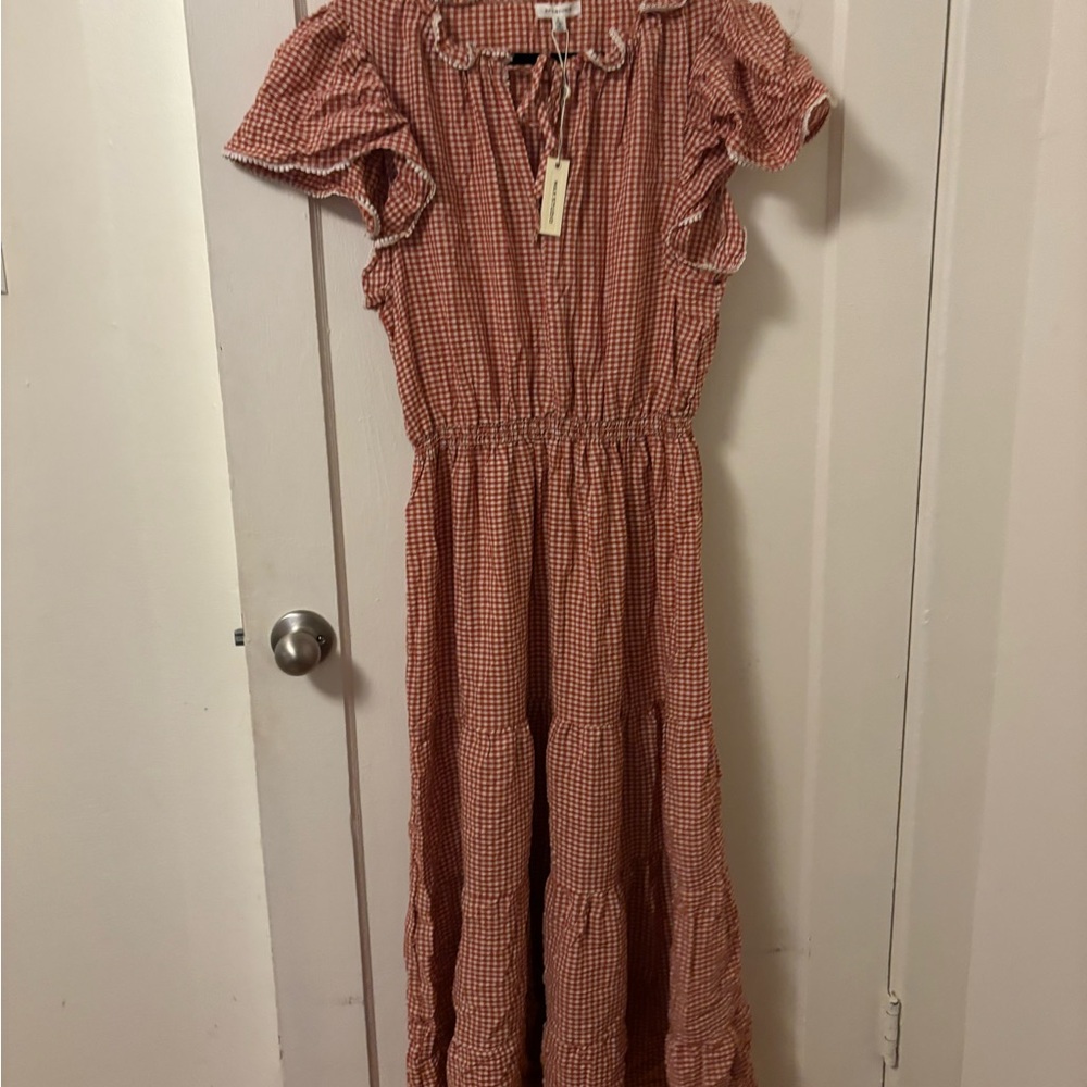 Max Studio Red Gingham Ruffle Sleeve Tiered Dress
